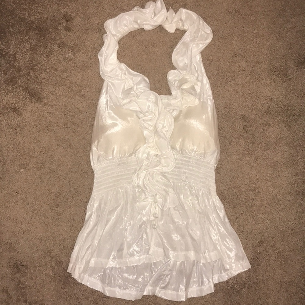 White ruffle halter blouse